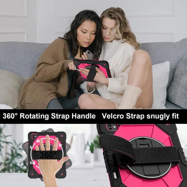 Alt view image 4 of 7 - WERLEO Case for iPad Pro 13 inch M5 2025 M4 2024 with Rotating Stand Pencil Holder Hand/Shoulder Strap, Heavy Duty Shockproof Protective Cover Rose Red