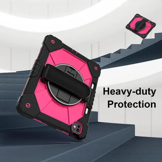 Alt view image 2 of 7 - WERLEO Case for iPad Pro 13 inch M5 2025 M4 2024 with Rotating Stand Pencil Holder Hand/Shoulder Strap, Heavy Duty Shockproof Protective Cover Rose Red