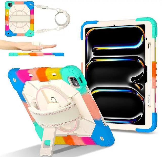Main image of WERLEO Case for iPad Pro 13 inch M5 2025 M4 2024 with Rotating Stand Pencil Holder Hand/Shoulder Strap, Heavy Duty Shockproof Protective Cover Rainbow