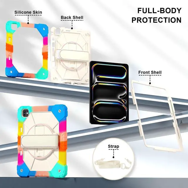Alt view image 6 of 7 - WERLEO Case for iPad Pro 13 inch M5 2025 M4 2024 with Rotating Stand Pencil Holder Hand/Shoulder Strap, Heavy Duty Shockproof Protective Cover Rainbow