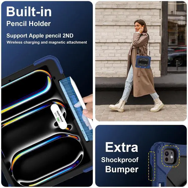 Alt view image 5 of 7 - WERLEO Case for iPad Pro 13 inch M5 2025 M4 2024 with Rotating Stand Pencil Holder Hand/Shoulder Strap, Heavy Duty Shockproof Protective Cover Navy Blue