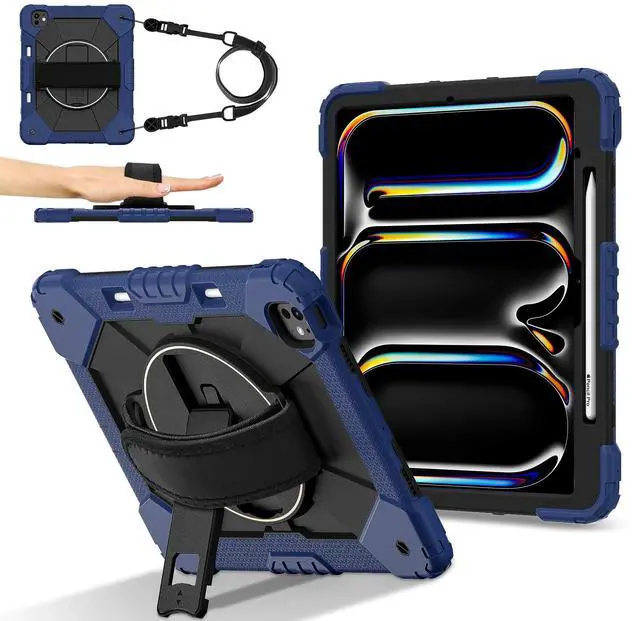 Main image of WERLEO Case for iPad Pro 13 inch M5 2025 M4 2024 with Rotating Stand Pencil Holder Hand/Shoulder Strap, Heavy Duty Shockproof Protective Cover Navy Blue