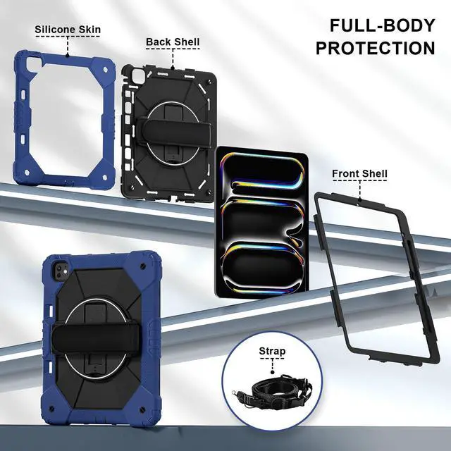 Alt view image 7 of 7 - WERLEO Case for iPad Pro 13 inch M5 2025 M4 2024 with Rotating Stand Pencil Holder Hand/Shoulder Strap, Heavy Duty Shockproof Protective Cover Navy Blue