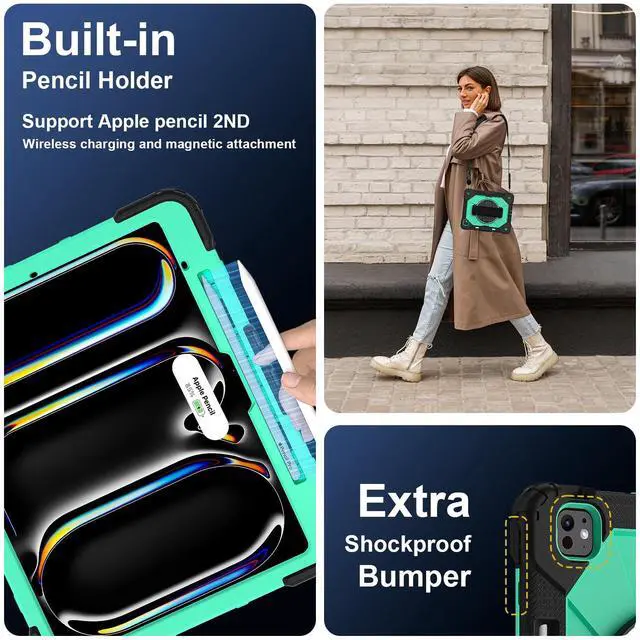Alt view image 5 of 7 - WERLEO Case for iPad Pro 13 inch M5 2025 M4 2024 with Rotating Stand Pencil Holder Hand/Shoulder Strap, Heavy Duty Shockproof Protective Cover Mint Green
