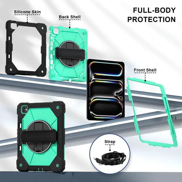 Alt view image 7 of 7 - WERLEO Case for iPad Pro 13 inch M5 2025 M4 2024 with Rotating Stand Pencil Holder Hand/Shoulder Strap, Heavy Duty Shockproof Protective Cover Mint Green