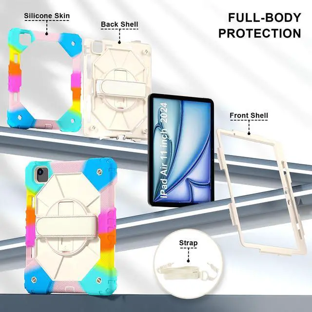 Alt view image 7 of 7 - WERLEO Case for iPad Air 11 Inch M3 2025 M2 2024 7th/6th Generation with Rotating Stand Pencil Holder Hand/Shoulder Strap, Heavy Duty Shockproof Protective Cover Rainbow