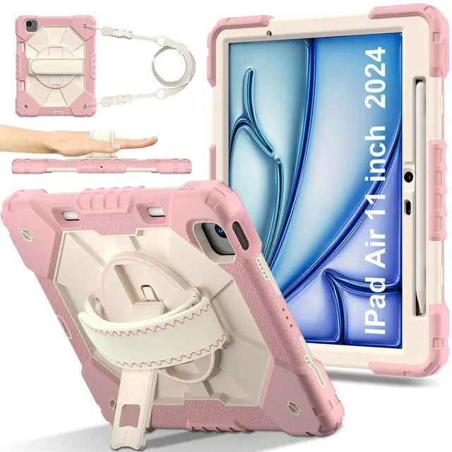 Main image of WERLEO Case for iPad Air 11 Inch M3 2025 M2 2024 7th/6th Generation with Rotating Stand Pencil Holder Hand/Shoulder Strap, Heavy Duty Shockproof Protective Cover Rose Gold