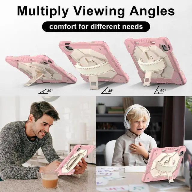 Alt view image 4 of 7 - WERLEO Case for iPad Air 11 Inch M3 2025 M2 2024 7th/6th Generation with Rotating Stand Pencil Holder Hand/Shoulder Strap, Heavy Duty Shockproof Protective Cover Rose Gold