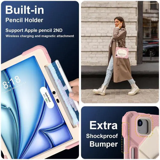 Alt view image 5 of 7 - WERLEO Case for iPad Air 11 Inch M3 2025 M2 2024 7th/6th Generation with Rotating Stand Pencil Holder Hand/Shoulder Strap, Heavy Duty Shockproof Protective Cover Rose Gold