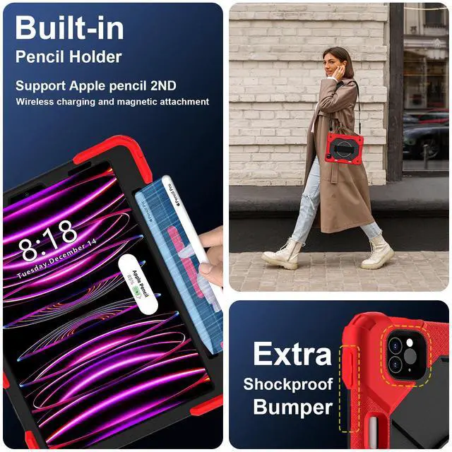 Alt view image 5 of 7 - WERLEO Case for iPad Pro 11 inch 4th/3rd/2nd/1st Gen 2022/2021/2020/2018, iPad Air 5th/4th Gen 2022 2020 10.9 inch with Rotating Stand Pen Holder Hand/Shoulder Strap, Shockproof Protective Cover Red