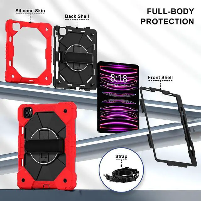 Alt view image 7 of 7 - WERLEO Case for iPad Pro 11 inch 4th/3rd/2nd/1st Gen 2022/2021/2020/2018, iPad Air 5th/4th Gen 2022 2020 10.9 inch with Rotating Stand Pen Holder Hand/Shoulder Strap, Shockproof Protective Cover Red