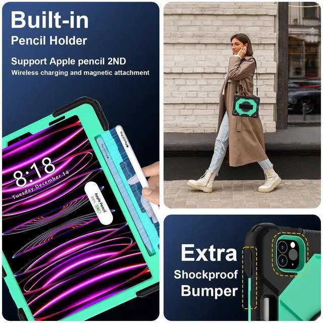 Alt view image 3 of 7 - WERLEO Case for iPad Pro 11 inch 4th/3rd/2nd/1st Gen 2022/2021/2020/2018, iPad Air 5th/4th Gen 2022 2020 10.9 inch with Rotating Stand Pencil Holder Hand/Shoulder Strap, Shockproof Protective Cover