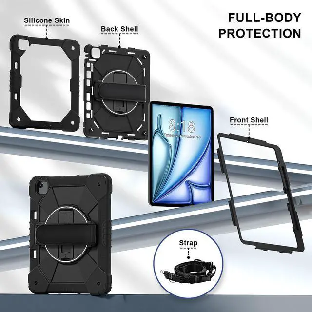 Alt view image 6 of 7 - WERLEO Case for iPad Air 13 Inch M3/M2 2025/2024 with Rotating Stand Pencil Holder Hand/Shoulder Strap, Heavy Duty Shockproof Protective Cover