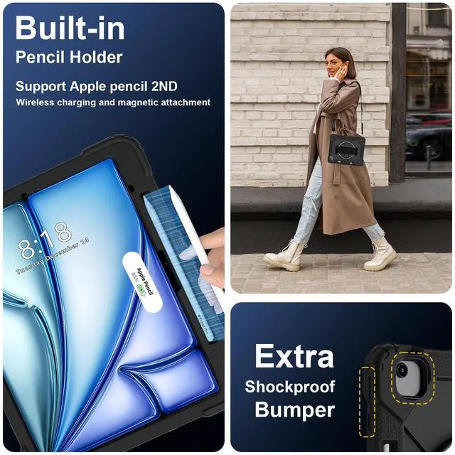 Alt view image 5 of 7 - WERLEO Case for iPad Air 13 Inch M3/M2 2025/2024 with Rotating Stand Pencil Holder Hand/Shoulder Strap, Heavy Duty Shockproof Protective Cover