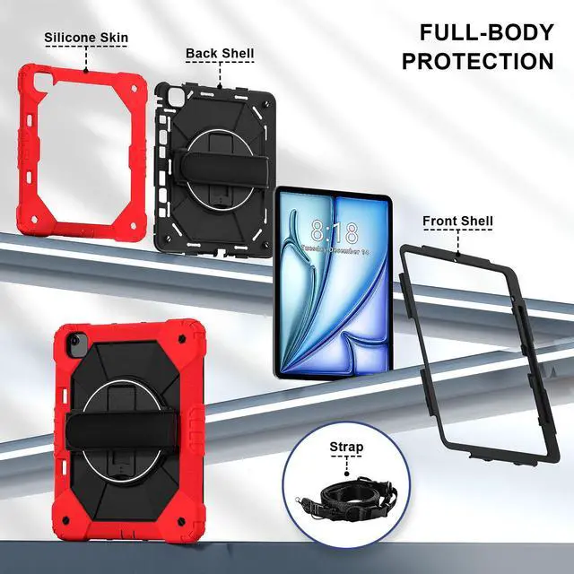 Alt view image 6 of 7 - WERLEO Case for iPad Air 13 Inch M3/M2 2025/2024 with Rotating Stand Pencil Holder Hand/Shoulder Strap, Heavy Duty Shockproof Protective Cover Red