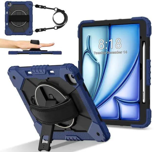 Main image of WERLEO Case for iPad Air 13 Inch M3/M2 2025/2024 with Rotating Stand Pencil Holder Hand/Shoulder Strap, Heavy Duty Shockproof Protective Cover Navy Blue