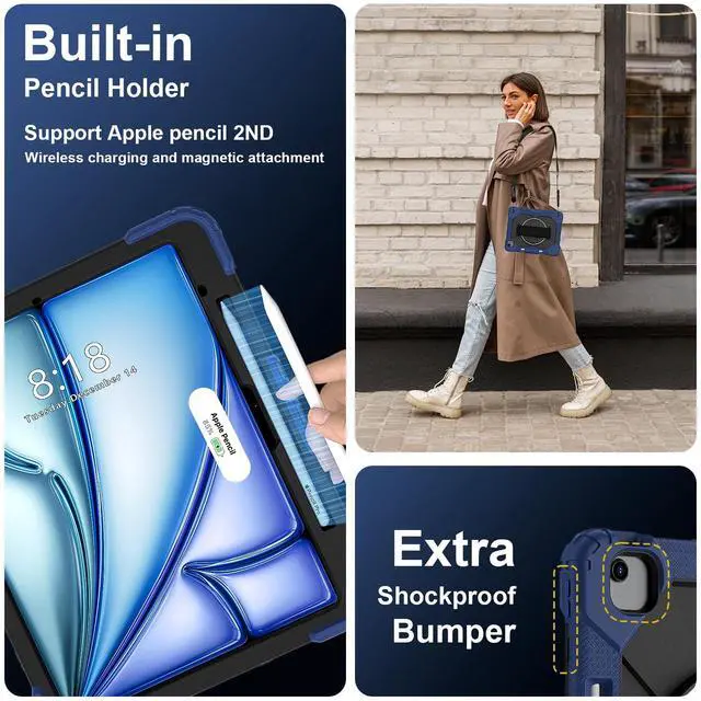 Alt view image 5 of 7 - WERLEO Case for iPad Air 13 Inch M3/M2 2025/2024 with Rotating Stand Pencil Holder Hand/Shoulder Strap, Heavy Duty Shockproof Protective Cover Navy Blue