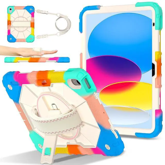 Main image of WERLEO Case for iPad 10.2 inch 2021 2020 2019 9th 8th 7th Generation with Rotating Stand Pencil Holder Hand/Shoulder Strap, Heavy Duty Shockproof Protective Cover Rainbow