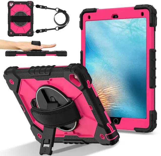 Main image of WERLEO Case for iPad 9.7 Inch 2018 2017 6th/5th Generation/iPad Pro 9.7/Air 2 with Rotating Stand Pencil Holder Hand/Shoulder Strap, Heavy Duty Shockproof Protective Cover Rose Red