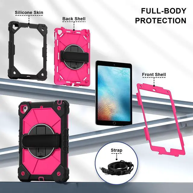 Alt view image 5 of 7 - WERLEO Case for iPad 9.7 Inch 2018 2017 6th/5th Generation/iPad Pro 9.7/Air 2 with Rotating Stand Pencil Holder Hand/Shoulder Strap, Heavy Duty Shockproof Protective Cover Rose Red
