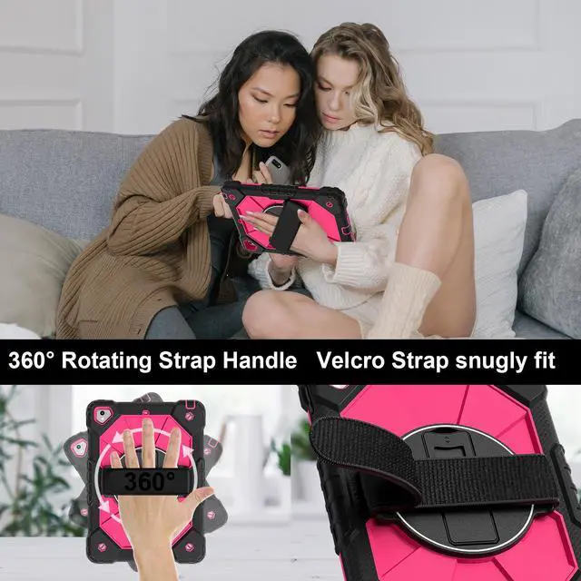 Alt view image 2 of 7 - WERLEO Case for iPad 9.7 Inch 2018 2017 6th/5th Generation/iPad Pro 9.7/Air 2 with Rotating Stand Pencil Holder Hand/Shoulder Strap, Heavy Duty Shockproof Protective Cover Rose Red