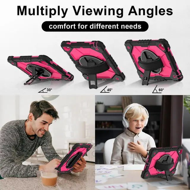 Alt view image 4 of 7 - WERLEO Case for iPad 9.7 Inch 2018 2017 6th/5th Generation/iPad Pro 9.7/Air 2 with Rotating Stand Pencil Holder Hand/Shoulder Strap, Heavy Duty Shockproof Protective Cover Rose Red