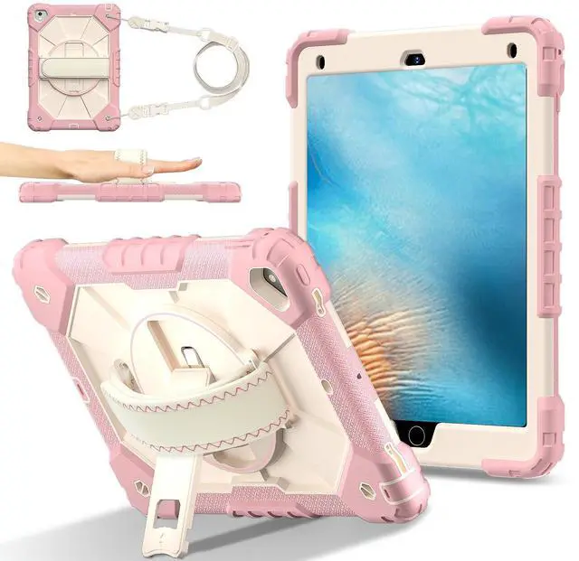 Main image of WERLEO Case for iPad 9.7 Inch 2018 2017 6th/5th Generation/iPad Pro 9.7/Air 2 with Rotating Stand Pencil Holder Hand/Shoulder Strap, Heavy Duty Shockproof Protective Cover Rose Gold