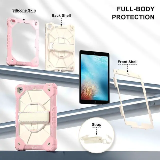 Alt view image 6 of 7 - WERLEO Case for iPad 9.7 Inch 2018 2017 6th/5th Generation/iPad Pro 9.7/Air 2 with Rotating Stand Pencil Holder Hand/Shoulder Strap, Heavy Duty Shockproof Protective Cover Rose Gold