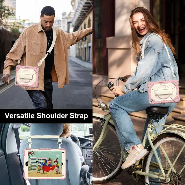 Alt view image 4 of 7 - WERLEO Case for iPad 9.7 Inch 2018 2017 6th/5th Generation/iPad Pro 9.7/Air 2 with Rotating Stand Pencil Holder Hand/Shoulder Strap, Heavy Duty Shockproof Protective Cover Rose Gold