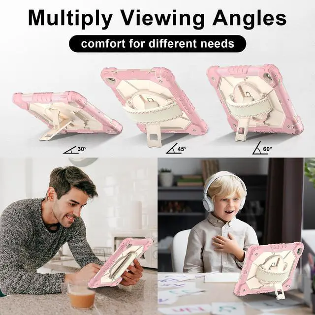 Alt view image 3 of 7 - WERLEO Case for iPad 9.7 Inch 2018 2017 6th/5th Generation/iPad Pro 9.7/Air 2 with Rotating Stand Pencil Holder Hand/Shoulder Strap, Heavy Duty Shockproof Protective Cover Rose Gold