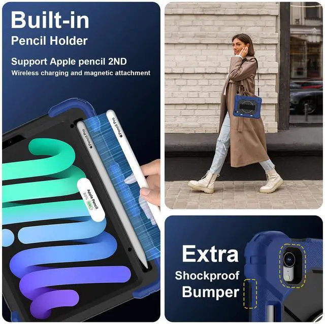 Alt view image 5 of 7 - WERLEO Case for iPad Mini 7 A17 Pro 2024 / iPad Mini 6 2021 8.3 Inch with Rotating Stand Pencil Holder Hand/Shoulder Strap, Heavy Duty Shockproof Protective Cover for iPad Mini 7th/6th Generation 8.3"