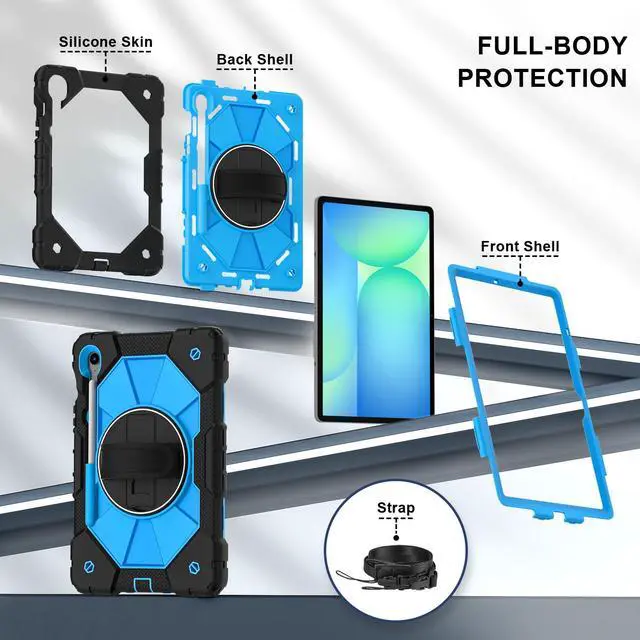 Alt view image 7 of 7 - WERLEO Case for Samsung Galaxy Tab S10 Lite S10 FE S9 FE 10.9 inch / S9 11 Inch with Rotating Stand Pencil Holder Hand/Shoulder Strap, Heavy Duty Shockproof Protective Cover Blue