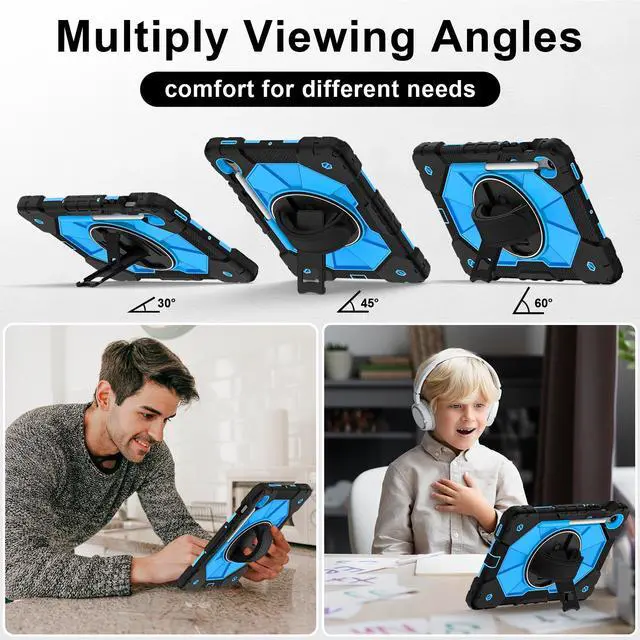 Alt view image 4 of 7 - WERLEO Case for Samsung Galaxy Tab S10 Lite S10 FE S9 FE 10.9 inch / S9 11 Inch with Rotating Stand Pencil Holder Hand/Shoulder Strap, Heavy Duty Shockproof Protective Cover Blue