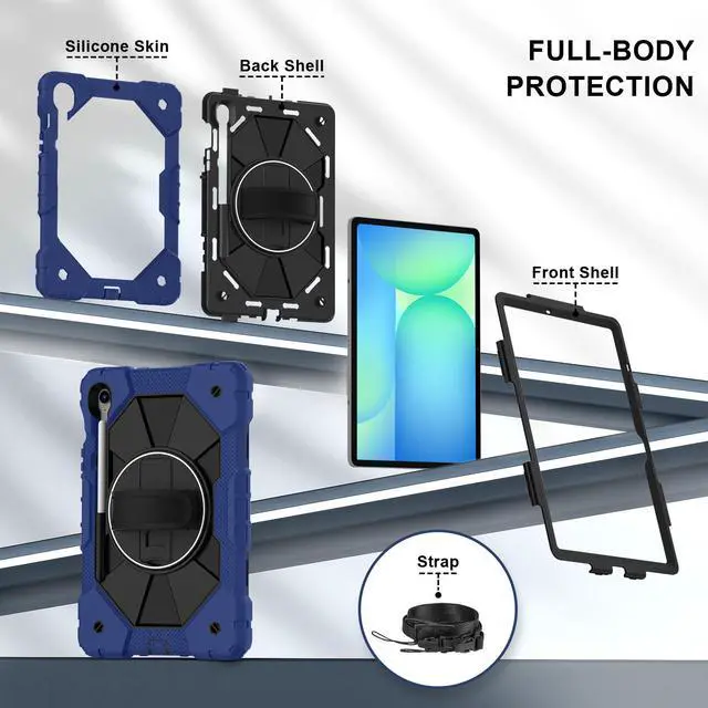 Alt view image 7 of 7 - WERLEO Case for Samsung Galaxy Tab S10 Lite S10 FE S9 FE 10.9 inch / S9 11 Inch with Rotating Stand Pencil Holder Hand/Shoulder Strap, Heavy Duty Shockproof Protective Cover Navy Blue