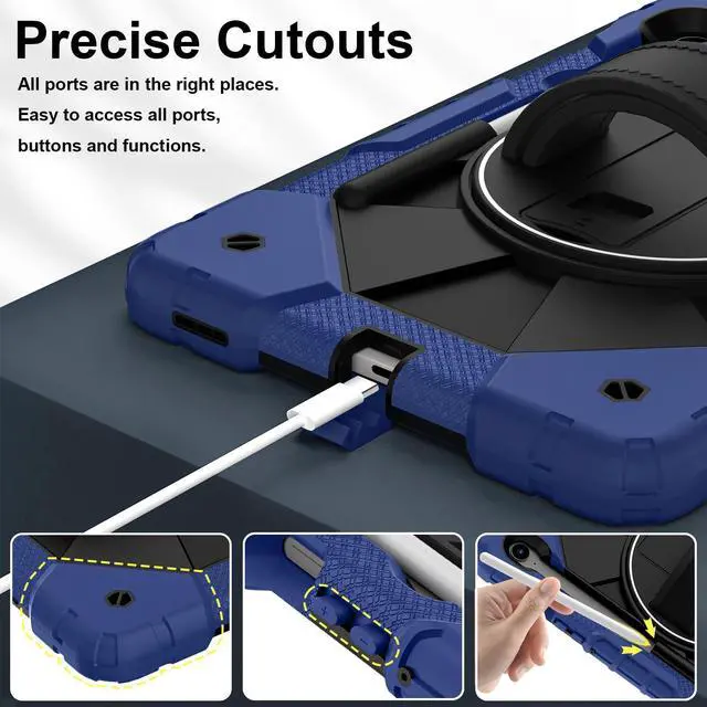 Alt view image 6 of 7 - WERLEO Case for Samsung Galaxy Tab S10 Lite S10 FE S9 FE 10.9 inch / S9 11 Inch with Rotating Stand Pencil Holder Hand/Shoulder Strap, Heavy Duty Shockproof Protective Cover Navy Blue