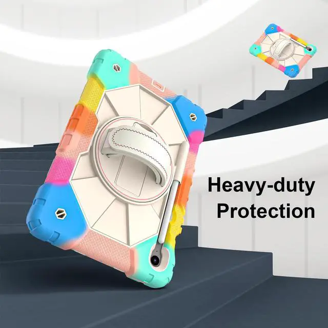 Alt view image 4 of 7 - WERLEO Case for Samsung Galaxy Tab S10 Lite S10 FE S9 FE 10.9 inch / S9 11 Inch with Rotating Stand Pencil Holder Hand/Shoulder Strap, Heavy Duty Shockproof Protective Cover Rainbow