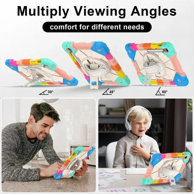 Alt view image 3 of 7 - WERLEO Case for Samsung Galaxy Tab S10 Lite S10 FE S9 FE 10.9 inch / S9 11 Inch with Rotating Stand Pencil Holder Hand/Shoulder Strap, Heavy Duty Shockproof Protective Cover Rainbow