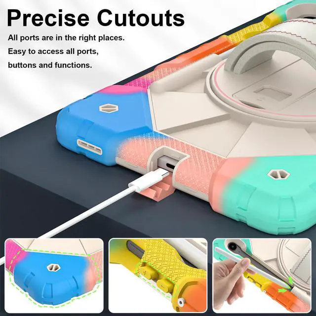 Alt view image 5 of 7 - WERLEO Case for Samsung Galaxy Tab S10 Lite S10 FE S9 FE 10.9 inch / S9 11 Inch with Rotating Stand Pencil Holder Hand/Shoulder Strap, Heavy Duty Shockproof Protective Cover Rainbow