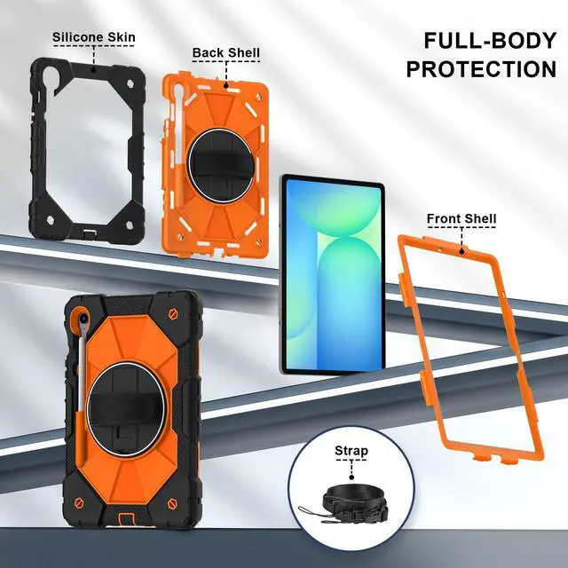 Alt view image 7 of 7 - WERLEO Case for Samsung Galaxy Tab S10 Lite S10 FE S9 FE 10.9 inch / S9 11 Inch with Rotating Stand Pencil Holder Hand/Shoulder Strap, Heavy Duty Shockproof Protective Cover Orange