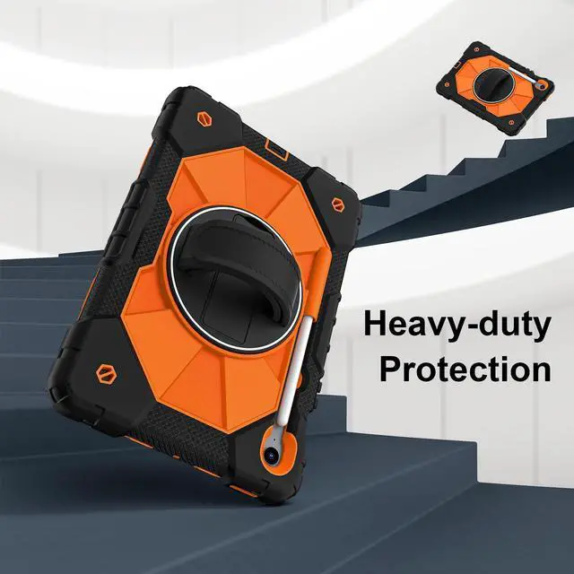 Alt view image 4 of 7 - WERLEO Case for Samsung Galaxy Tab S10 Lite S10 FE S9 FE 10.9 inch / S9 11 Inch with Rotating Stand Pencil Holder Hand/Shoulder Strap, Heavy Duty Shockproof Protective Cover Orange