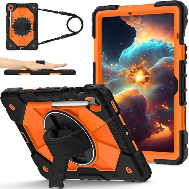Main image of WERLEO Case for Samsung Galaxy Tab S10 Lite S10 FE S9 FE 10.9 inch / S9 11 Inch with Rotating Stand Pencil Holder Hand/Shoulder Strap, Heavy Duty Shockproof Protective Cover Orange
