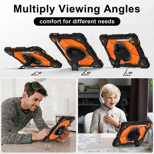 Alt view image 2 of 7 - WERLEO Case for Samsung Galaxy Tab S10 Lite S10 FE S9 FE 10.9 inch / S9 11 Inch with Rotating Stand Pencil Holder Hand/Shoulder Strap, Heavy Duty Shockproof Protective Cover Orange