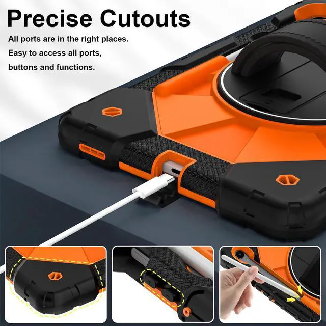 Alt view image 5 of 7 - WERLEO Case for Samsung Galaxy Tab S10 Lite S10 FE S9 FE 10.9 inch / S9 11 Inch with Rotating Stand Pencil Holder Hand/Shoulder Strap, Heavy Duty Shockproof Protective Cover Orange