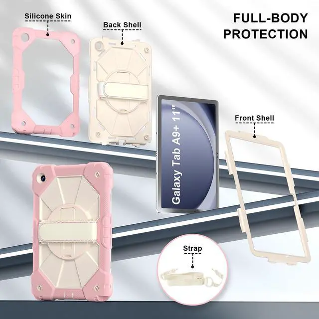 Alt view image 6 of 7 - WERLEO Case for Samsung Galaxy Tab A9 Plus / A9+ 5G 11 Inch 2023 Model SM-X210/X216/X218 with Rotating Stand Pencil Holder Hand/Shoulder Strap, Heavy Duty Shockproof Protective Cover Rose Gold