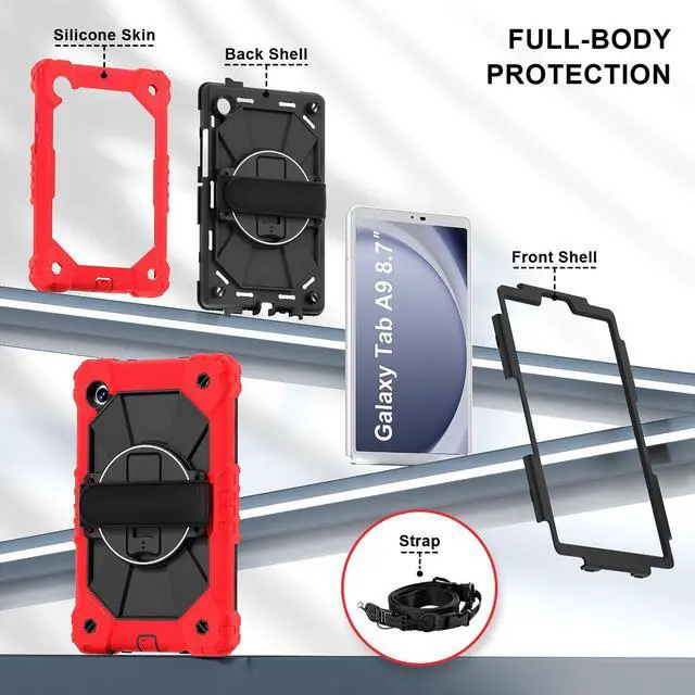 Alt view image 7 of 7 - WERLEO Case for Samsung Galaxy Tab A9 8.7 Inch 2023 Model SM-X110/X115/X117 with Rotating Stand Pencil Holder Hand/Shoulder Strap, Heavy Duty Shockproof Protective Cover Red