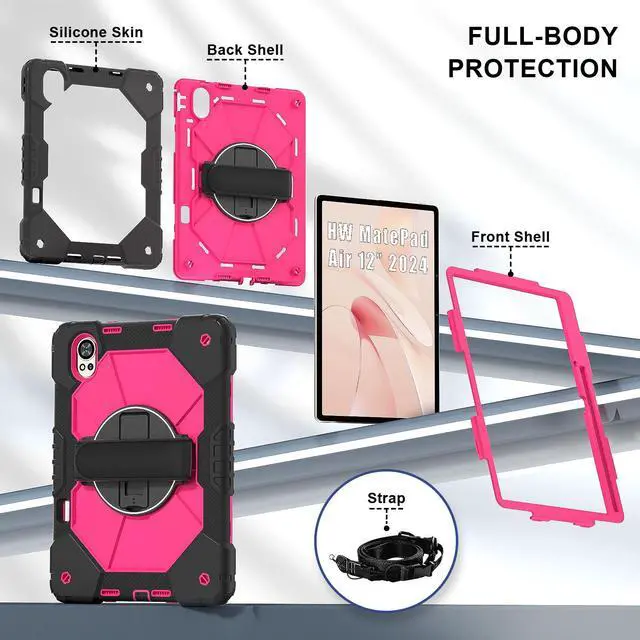 Alt view image 7 of 7 - WERLEO Case for Huawei MatePad Air 12 inch 2024 2025 / Matepad 12X 12 inch 2024 with Rotating Stand Pencil Holder Hand/Shoulder Strap, Heavy Duty Shockproof Protective Cover Rose Red