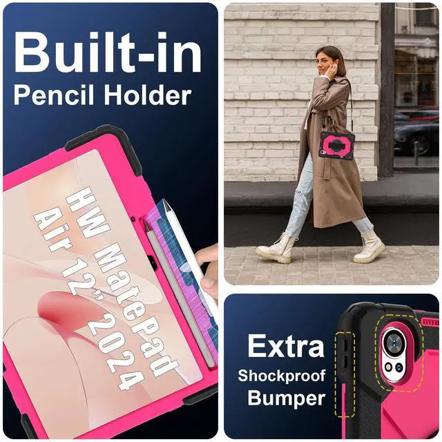 Alt view image 3 of 7 - WERLEO Case for Huawei MatePad Air 12 inch 2024 2025 / Matepad 12X 12 inch 2024 with Rotating Stand Pencil Holder Hand/Shoulder Strap, Heavy Duty Shockproof Protective Cover Rose Red