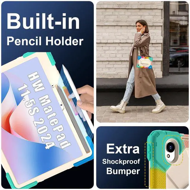 Alt view image 4 of 7 - WERLEO Case for Huawei MatePad MatePad 11.5S 11.5 inch 2025 / 2024 with Rotating Stand Pencil Holder Hand/Shoulder Strap, Heavy Duty Shockproof Protective Cover Rainbow