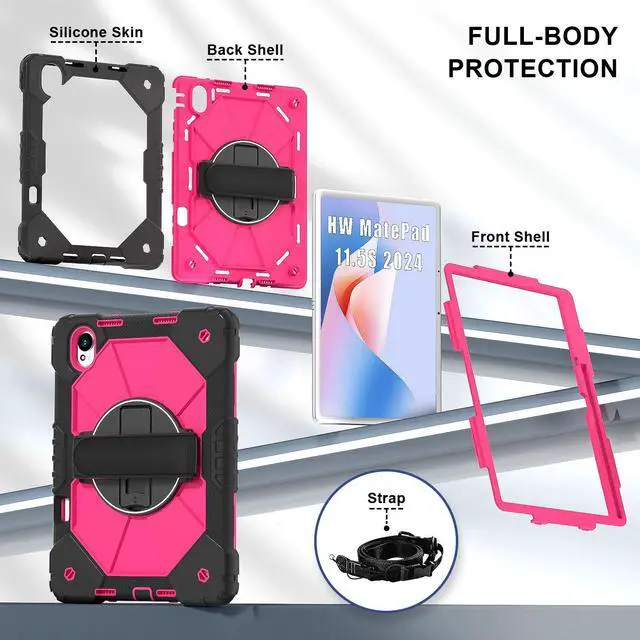 Alt view image 6 of 7 - WERLEO Case for Huawei MatePad MatePad 11.5S 11.5 inch 2025 / 2024 with Rotating Stand Pencil Holder Hand/Shoulder Strap, Heavy Duty Shockproof Protective Cover Rose Red