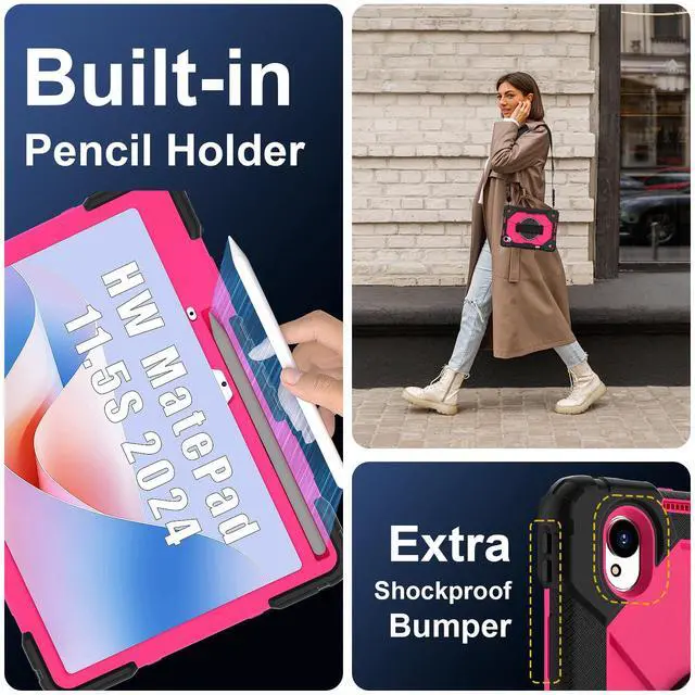 Alt view image 5 of 7 - WERLEO Case for Huawei MatePad MatePad 11.5S 11.5 inch 2025 / 2024 with Rotating Stand Pencil Holder Hand/Shoulder Strap, Heavy Duty Shockproof Protective Cover Rose Red